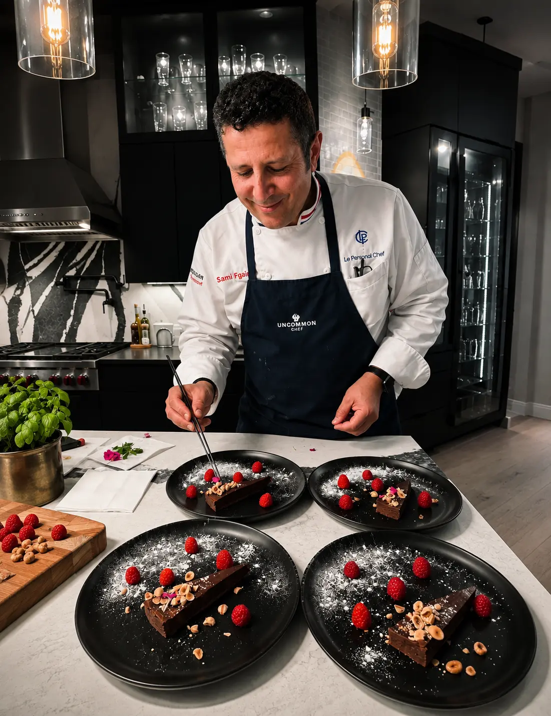 Chef plating a dish in a dark professional kitchen.
